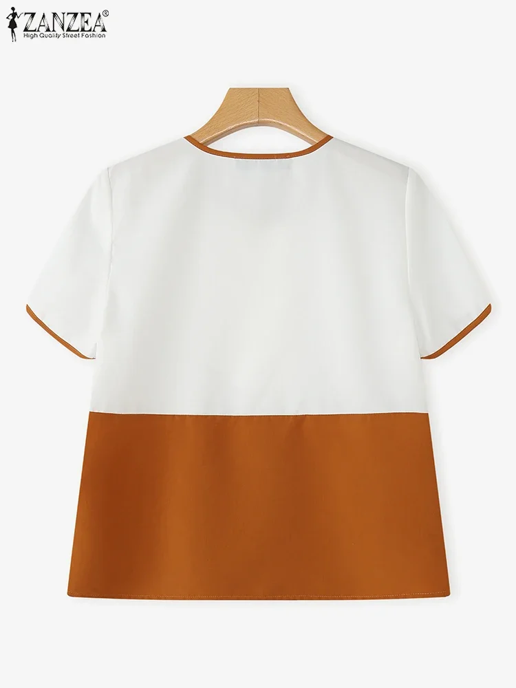 ZANZEA 2025 Printed Blouse Women Casual Loose Pockets Tops Fashion OL Work Tunic O Neck Patchwork Summer Pullover Oversized