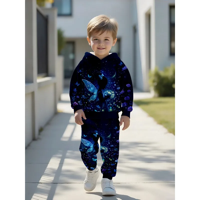 Kids Hoodie Jogger: Night Flower Fairy Print, Aurora Arctic Fox Graphic, Glowing Star Castle Pattern Kid Tracksuit