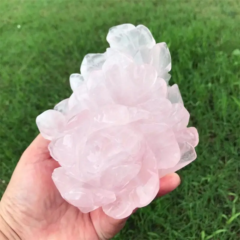 Natural Rose Quartz Peony Flower Carving Polished Crystals Crafts As Christmas Ornaments Gifts Or Home Decoration 1pcs