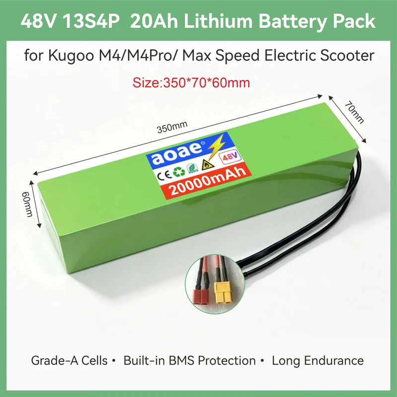 Custom Version 48V 20Ah Lithium Battery Pack, 13S4P Grade-A Cells for Kugoo M4 / M4 Pro Max Speed E-Scooter, Built-in BMS