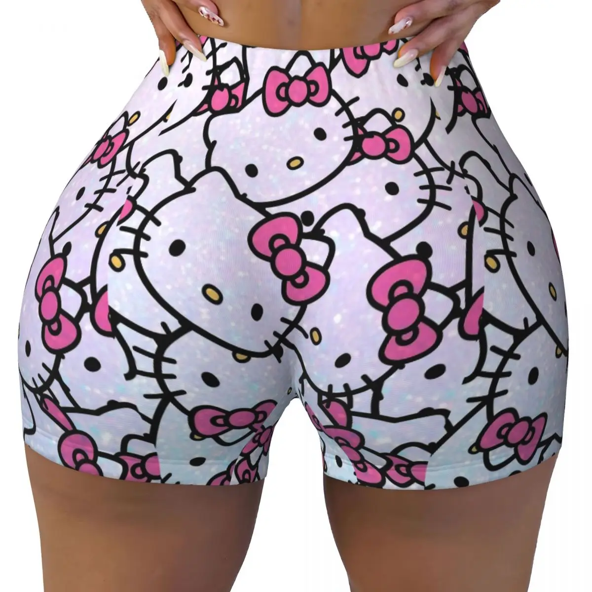 Ladies Athletic Gym Yoga Shorts Hello Kitty Cartoon High Waist Shorts Fitness Pants