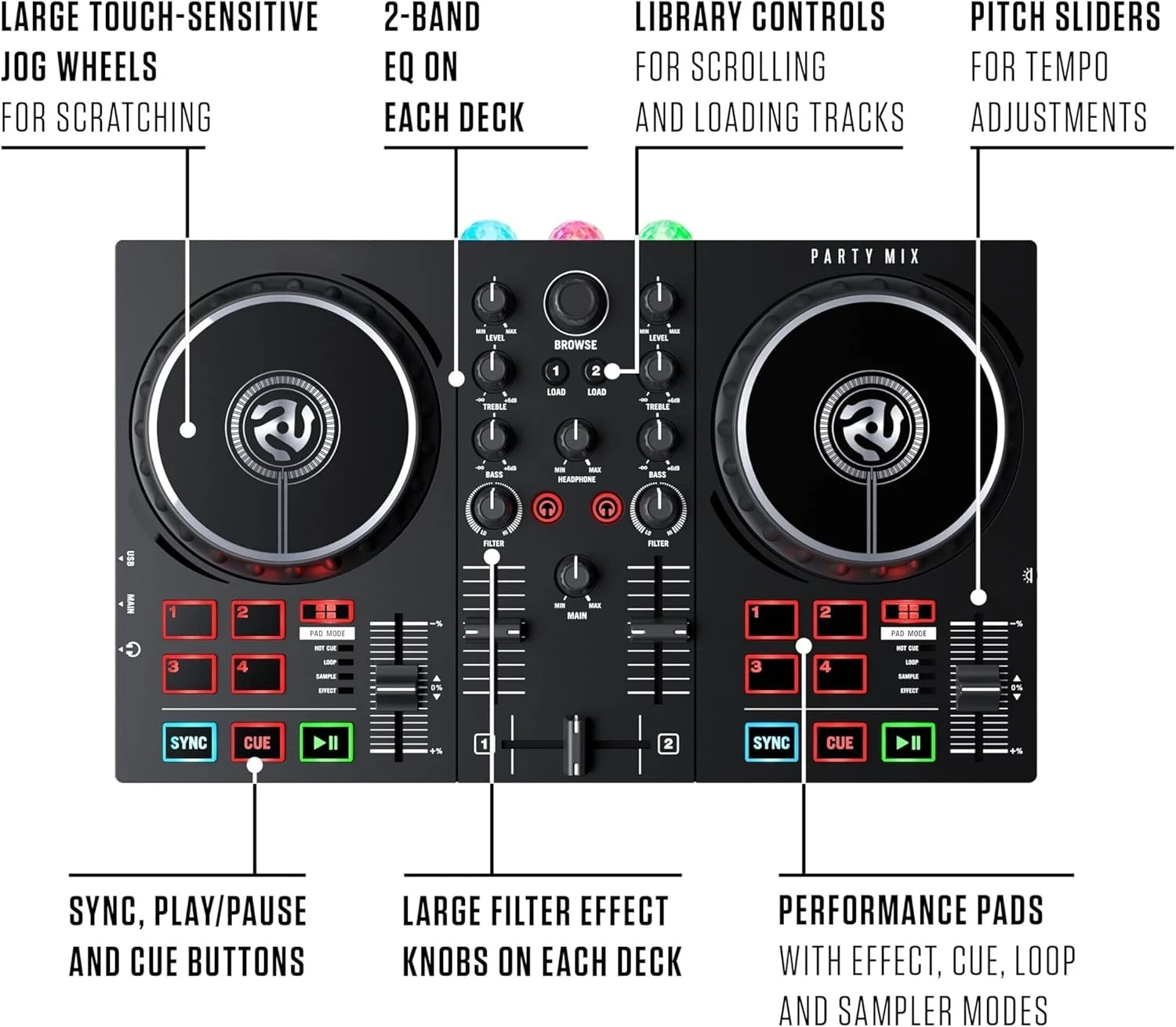 

DJ-контроллер Party Mix с подсветкой, 2-дековым микшером, аудиоинтерфейсом и (Serato Lite) Прямые продажи с завода