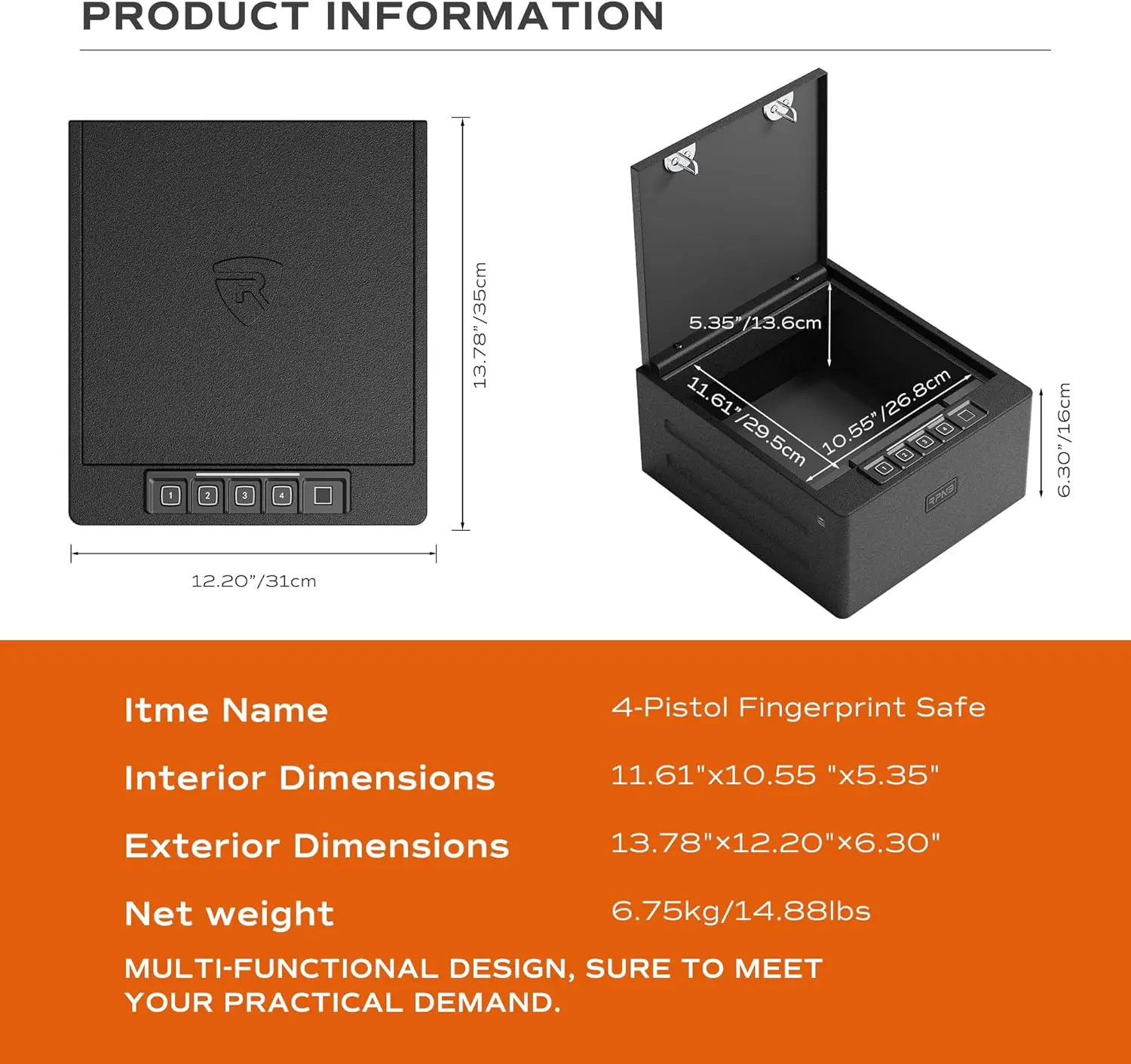Gun Safe, Biometric Gun Safe for Handgun, 4 Pistols High Capacity Handgun Safe with Digital Keypad, Biometric Fingerprint