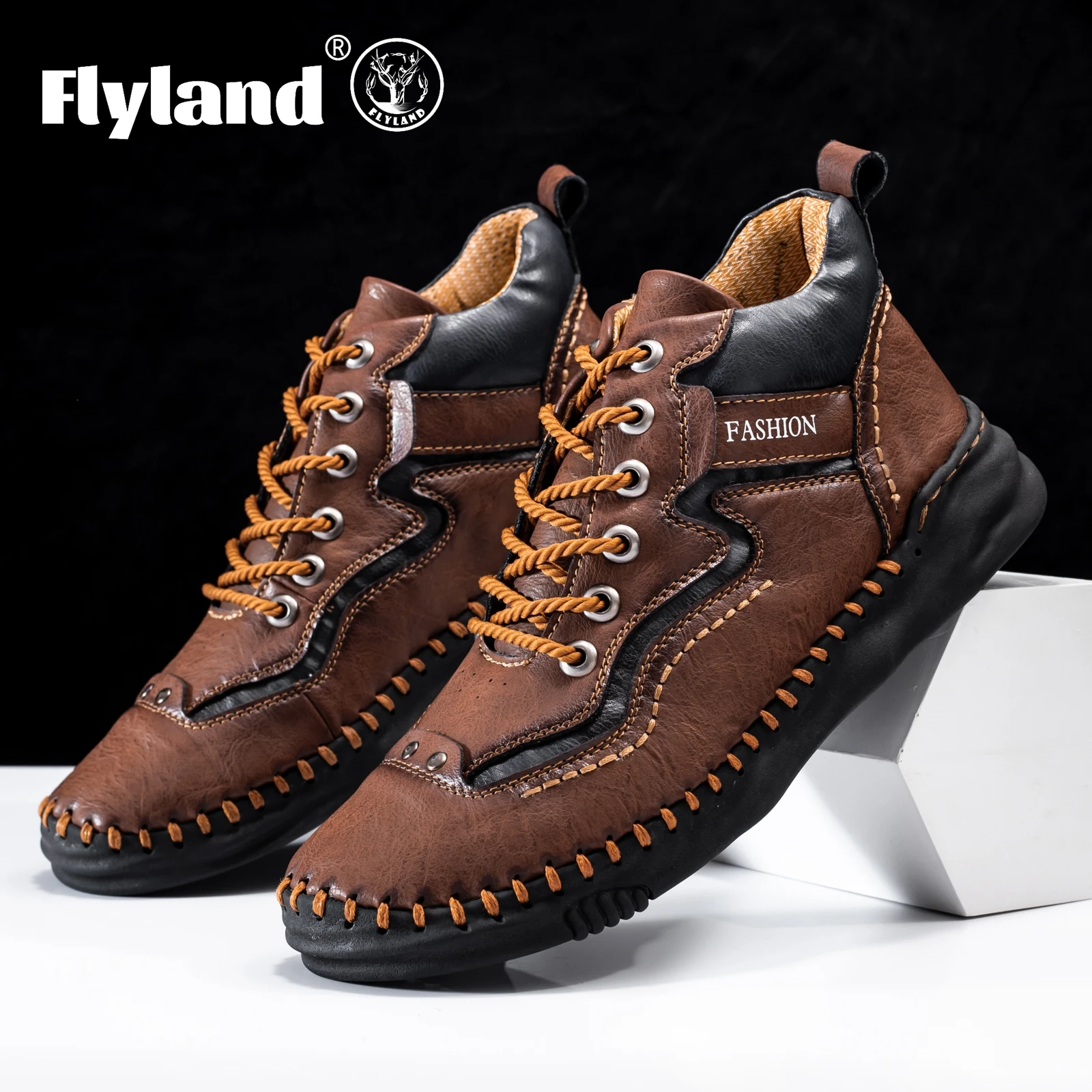 FLYLAND Men\'s Fashion Vintage Hand Stitching Soft Business Casual Leather Ankle Boots Handmade Shoes