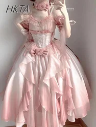 Sweet Pink Op Wedding Lolita Dress Lolita Birthday Party Princess Dresses Women Chic Bead Bow Ruffle Edge Big Swing Cake Dress