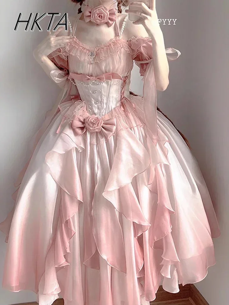 Sweet Pink Op Wedding Lolita Dress Lolita Birthday Party Princess Dresses Women Chic Bead Bow Ruffle Edge Big Swing Cake Dress