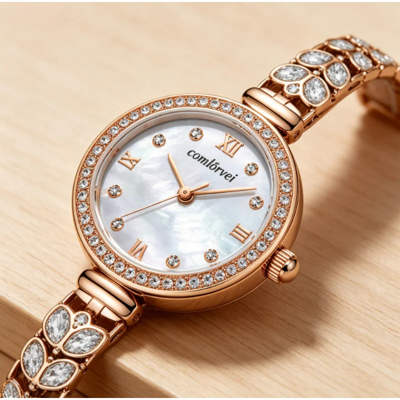 Women's luxury quartz watch with leaf inlaid decorative metal strap, romantic and elegant dress watch