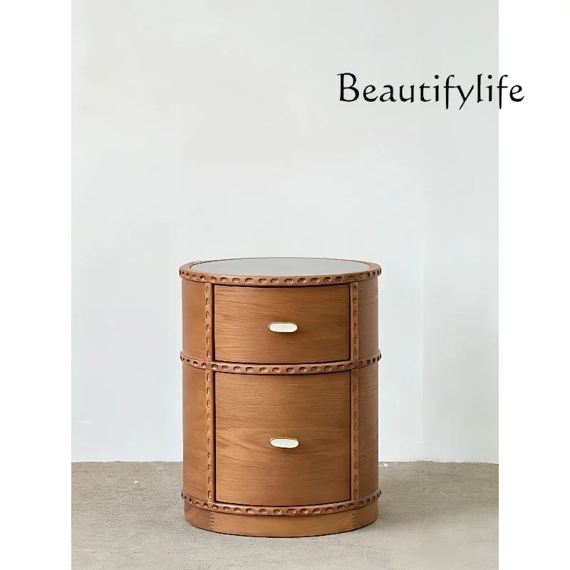 

C Medieval American Style Designer Creative Carving Solid Wood Marble Countertop Bedside Table Retro Bedside Cabinet