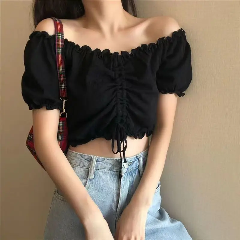 Fashion Blouses Woman Sexy Off Shoulder Crop Top Ruffles Shirt Puff Sleeve Harajuku Tee Shirt Chiffon Youth Elegant Blouse