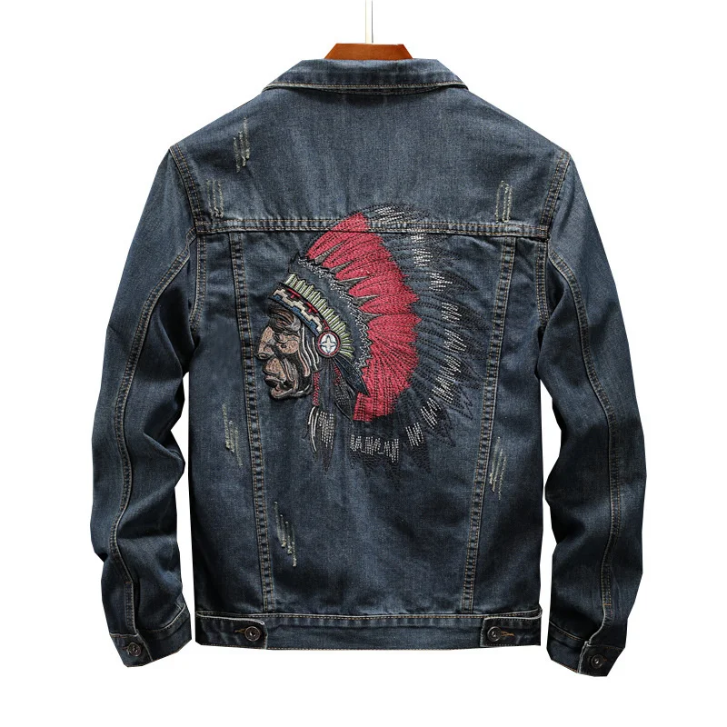 Prowow 2021 Fashion Streetwear Men Jacket Retro Blue Indian Chief Embroidery Denim Jackets Men Size M-6XL Hip Hop Punk Coats