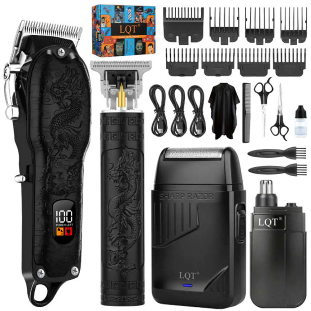 LQT Professional Hair Clipper Set Men Electric Hair Trimmer Nose Hair Trimmer Barber Cutting Kit LCD Display USB Rechargeable