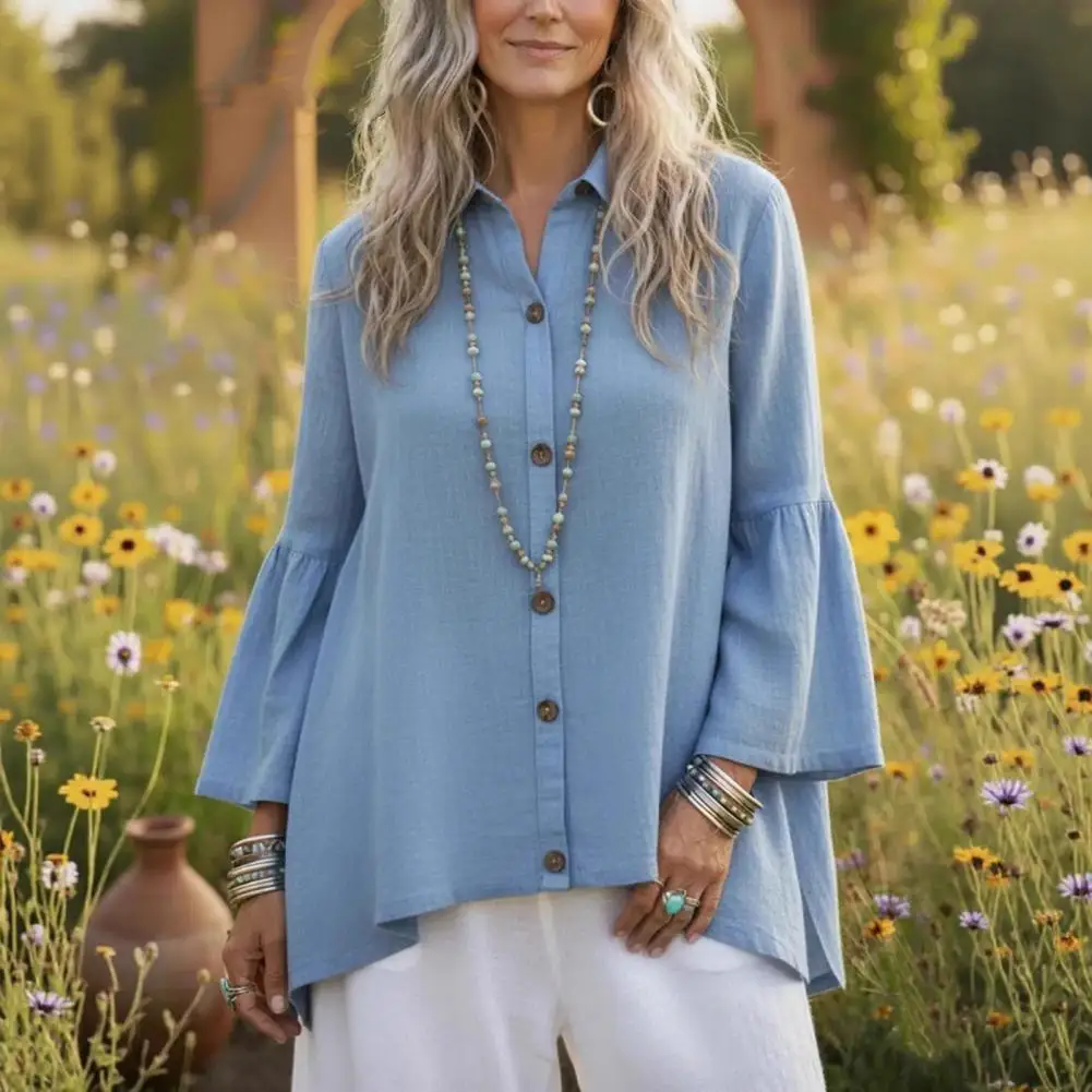 

Женская рубашка, женская рубашка на пуговицах с рукавами-колокольчиками, топ с длинными рукавами, струящаяся шифоновая блузка для осенне-весенней одежды, полиэстер