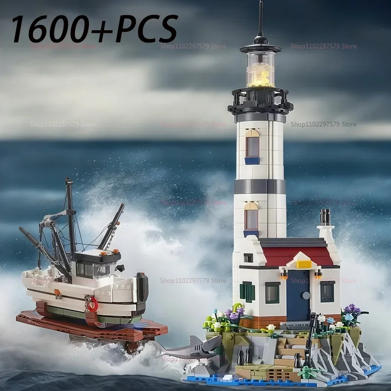 

1677PCS New Electric Lighthouse Building Blocks Fisherman Rescue Boats Lighthouse Model Bricks With Light Kids Adult Toys Gifts