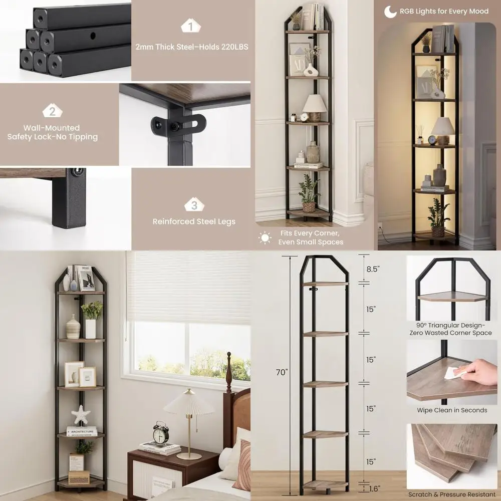 

70-Inch 5-Tier Bookshelf and Plant Stand, Grey - Heavy Duty Storage for Home Office and Living Room