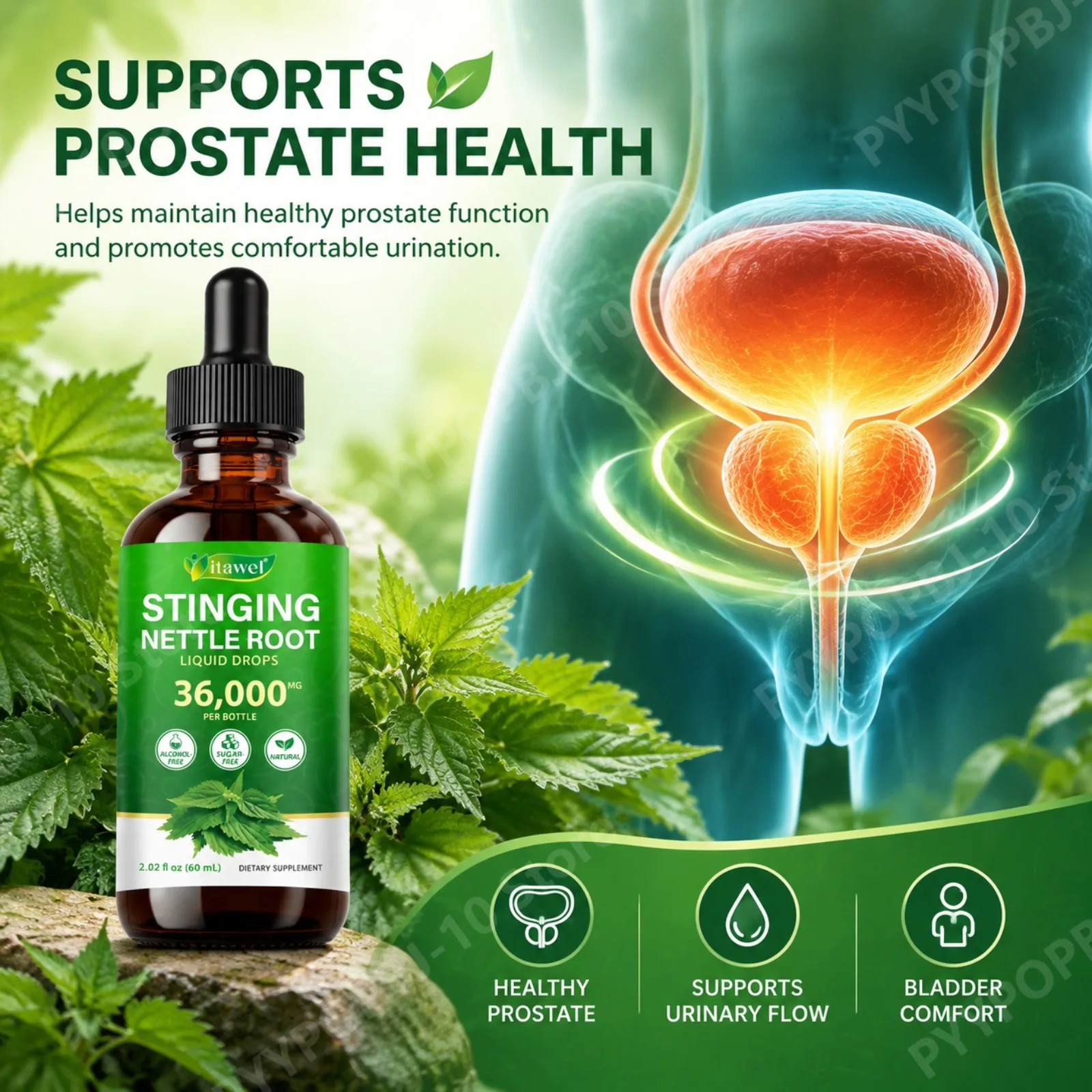 Stinging Nettle Root Drops for Prostate Health, Urinary Flow & Bladder Comfort, 1200mg Herbal Extract, Alcohol-Free, 60ml