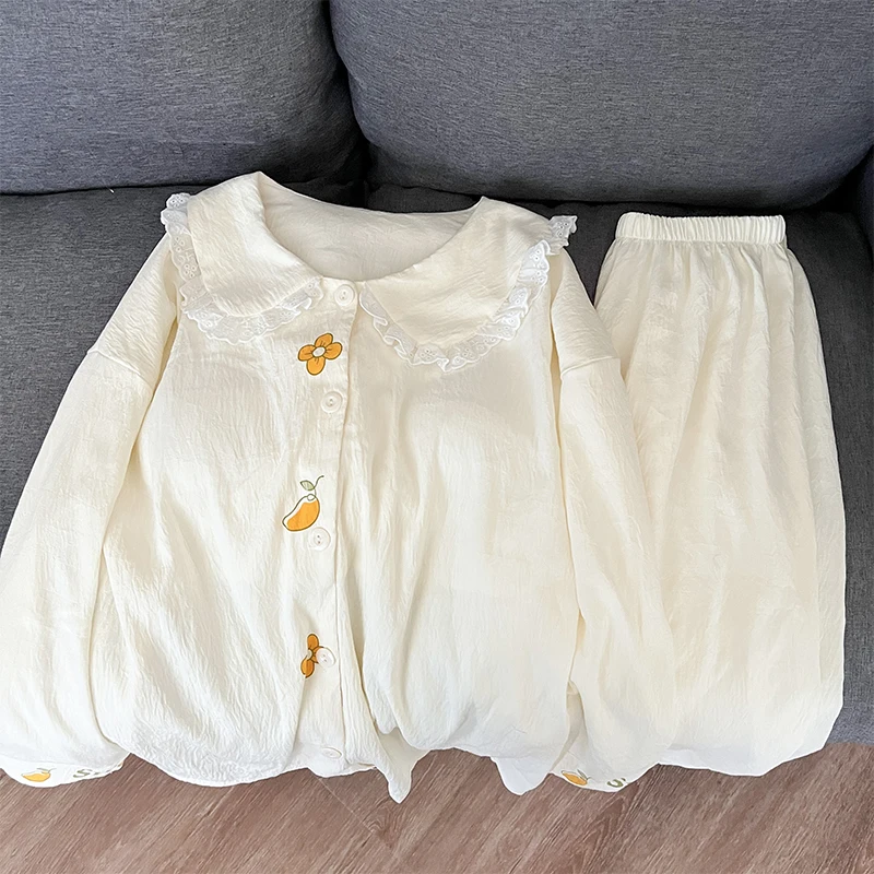 

Женские пижамы с кружевными лацканами и пуговицами, милые милые корейские пижамы больших размеров с цветочным принтом для женщин, новая повседневная домашняя одежда