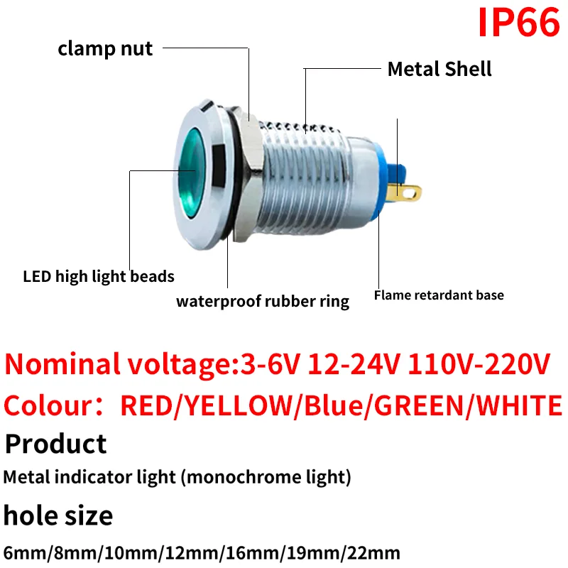 Luz indicadora de metal LED, lâmpada de sinal impermeável, fios conectar, latão, níquel, verde, vermelho, azul, 3-6V, 12-24V, 6mm