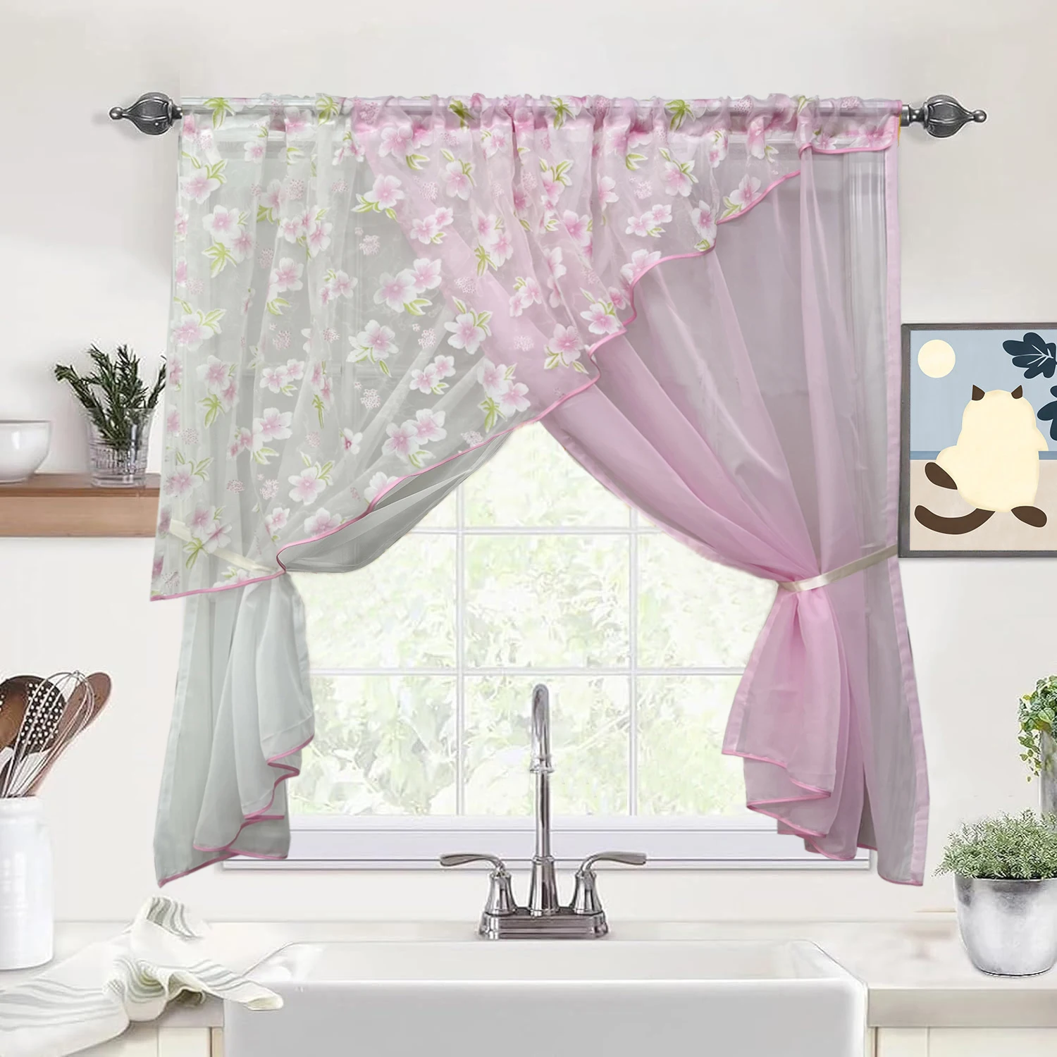 1PC American Country Pink Floral Three Layered Staggered Sheer Curtain for Living Room Kitchen Voile Small Window Drape #E