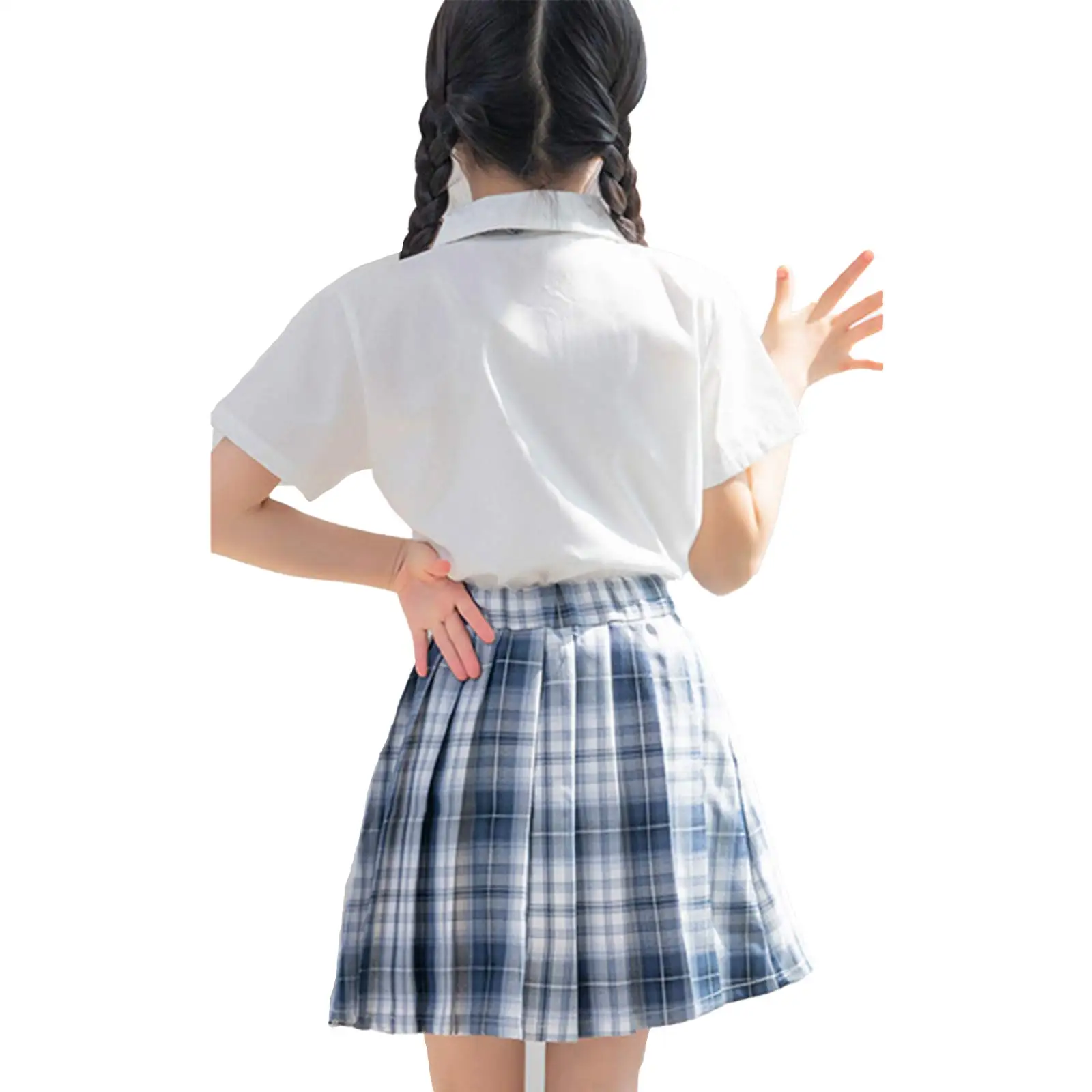 Girls JK Outfit Set Short Sleeve Bow Tie Shirt with Plaid Pleated Skirt Kid School Uniform Choir Performance Photography Costume