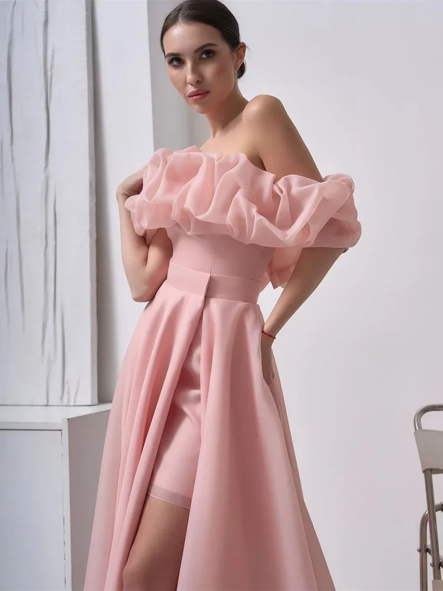 Prom dress Organza Off Shoulder with Removable Train A Line Hi-lo Evening Gowns Formal Party Special Occasion Dresses Customized image 2