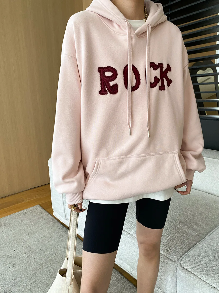 Autumn and winter women's casual solid color letter embroidered loose hooded sweatshirt