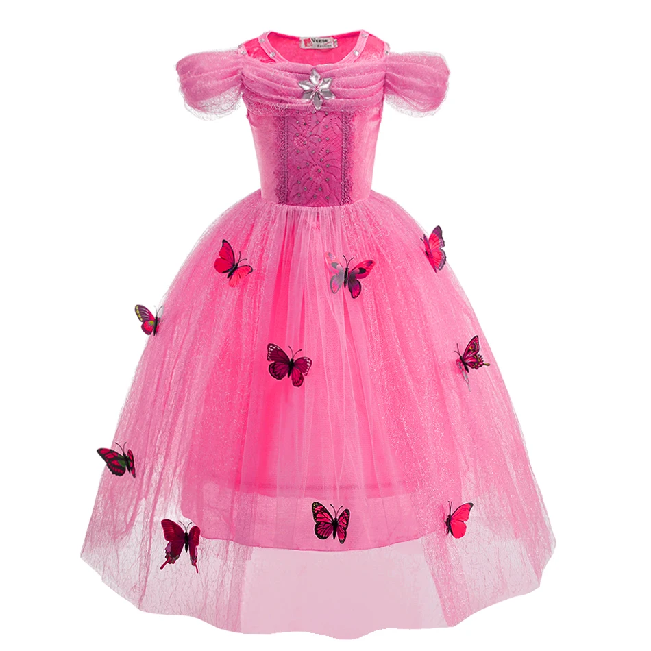 Cinderella Cosplay Little Girls Layered Dress Summer Carnival Birthday Party Pink Bubble Sleeve Butterfly Decorate Princess Gown