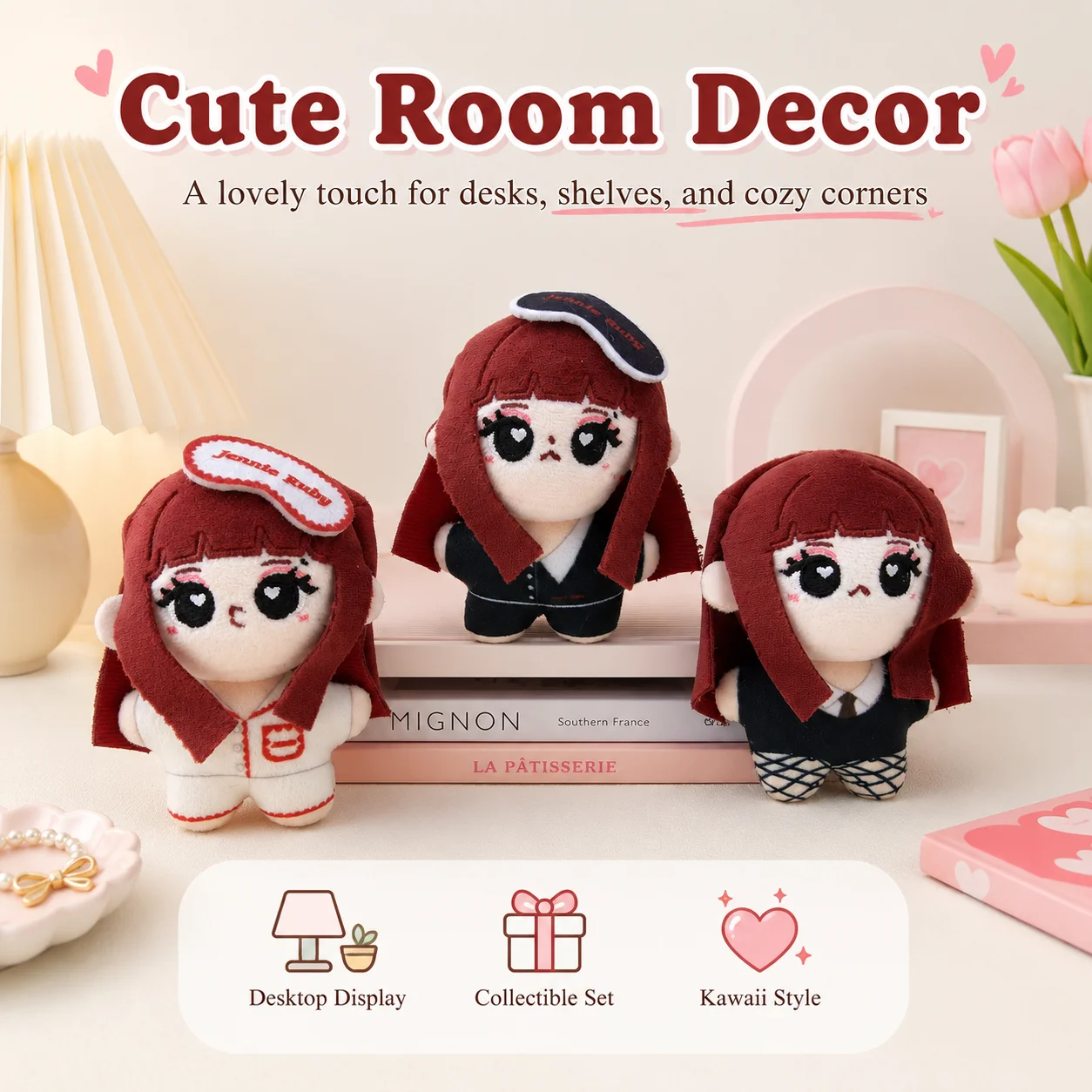 Cute Jennie Ruby Plush Keychain Red Brown Hair Girl Bag Charm Heart Eye Stuffed Toy Pendant Viral Trending Gift view 5