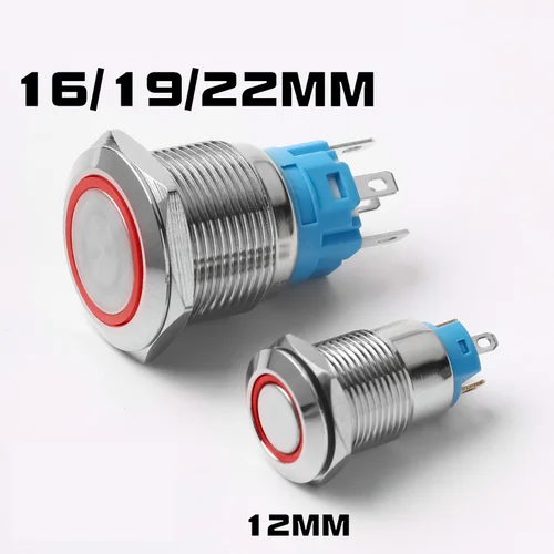 Imagen 1 del producto Anillo rojo LED de 1 piezas, 12, 19, 16 y 22mm, interruptor de botón de Metal de 12v, bloqueo automático, reinicio automático momentáneo de 24v