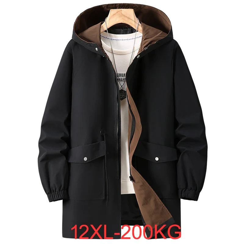 Large size medium long windbreaker men's plus size spring autumn hooded jacket casual assault jacket 180kg 12xl 10XL 200KG