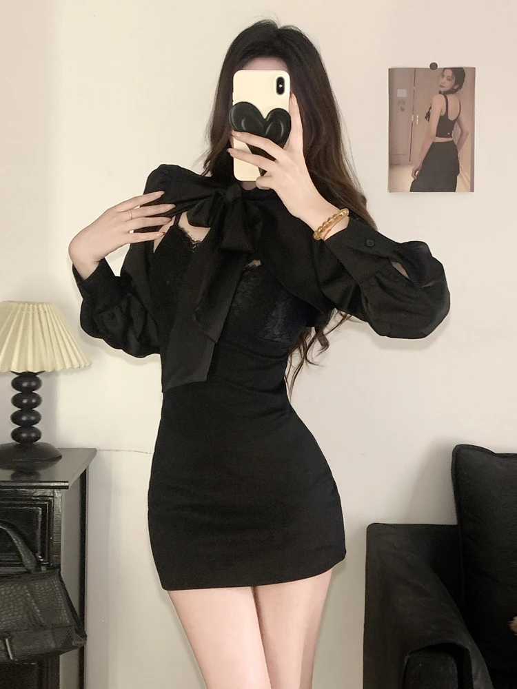 

Hebe Sexy Style Shoulder Wrap Long Sleeve Slim Fit Bodycon Dress Set Bandage Wrap around Midriff Baring Two Piece Outfit