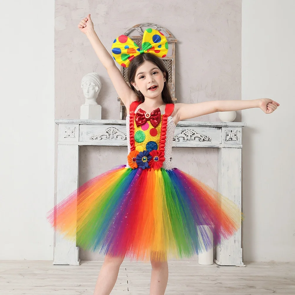 Rainbow Flower Circus Clown Costume for Girls Carnival Party Tutu Dresses Naughty Joker Halloween Cosplay Fancy Dress Up Clothes