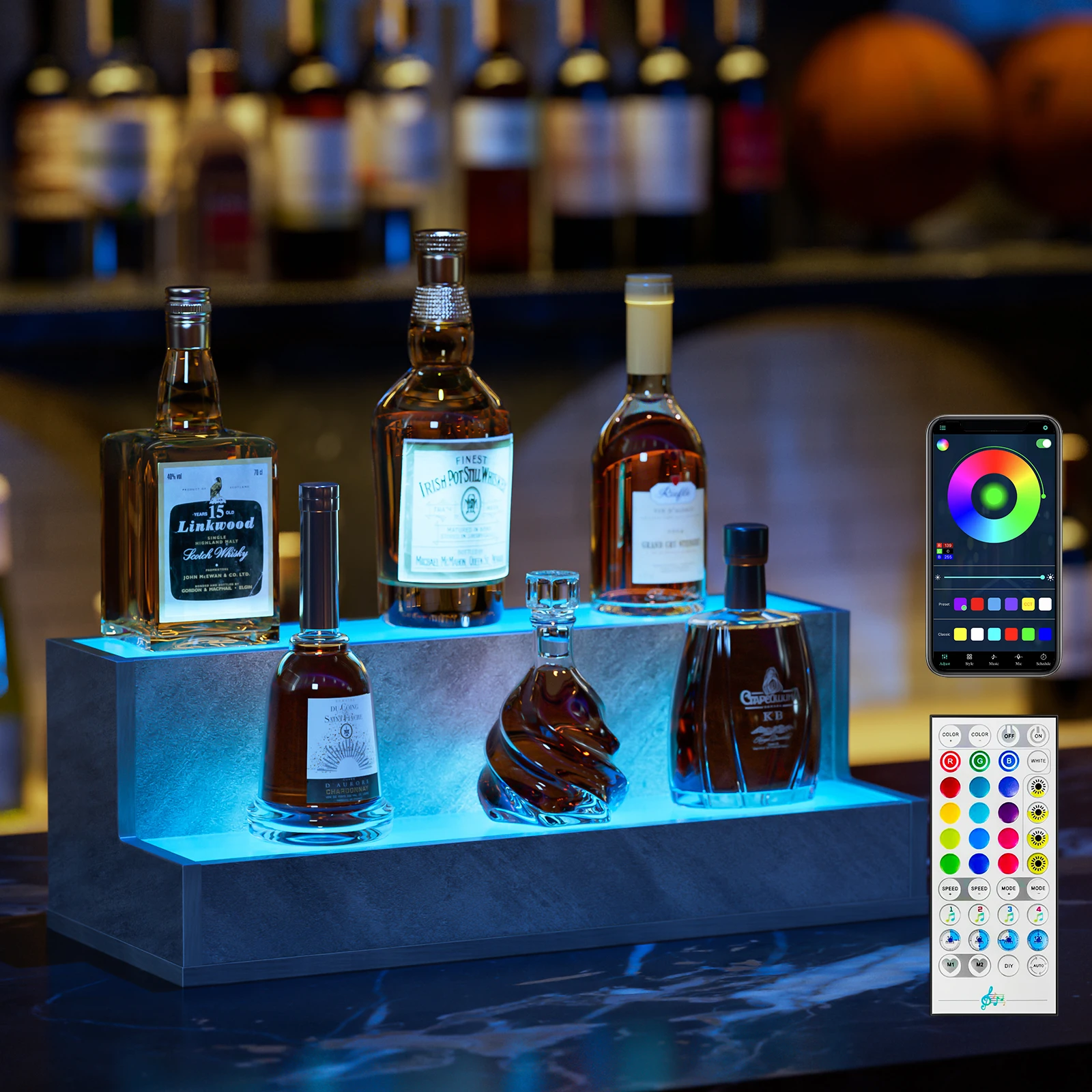 

LED Lighted 20in Liquor Bottle Display Shelf,DIY Bottle Shelf with App&Remote Control,Shelf Holding Bottles for Home Bar, Party