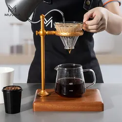MUVNA Dripper Coffee Stand, Coffee Filter Stand, Height Adjustable Brewing Coffee Holder with Walnut Base (black/gold）