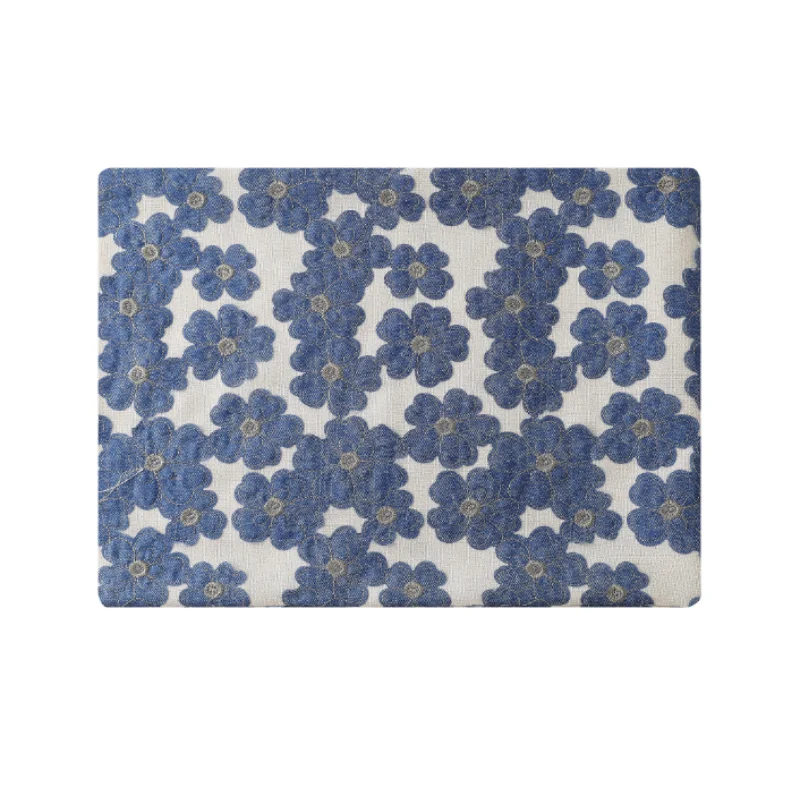 Three-dimensional denim blue flower embroidery polyester fabric for outerwear, skirts, trousers and suits fabric