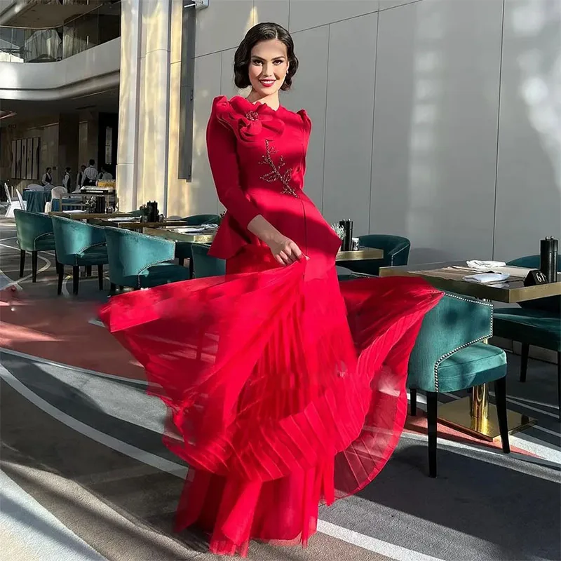 Customized Elegant Sequins Mother of the Bride Dresses O-neck Satin Flower Long Sleeve Tulle Floor-Length Formal Gown 2026