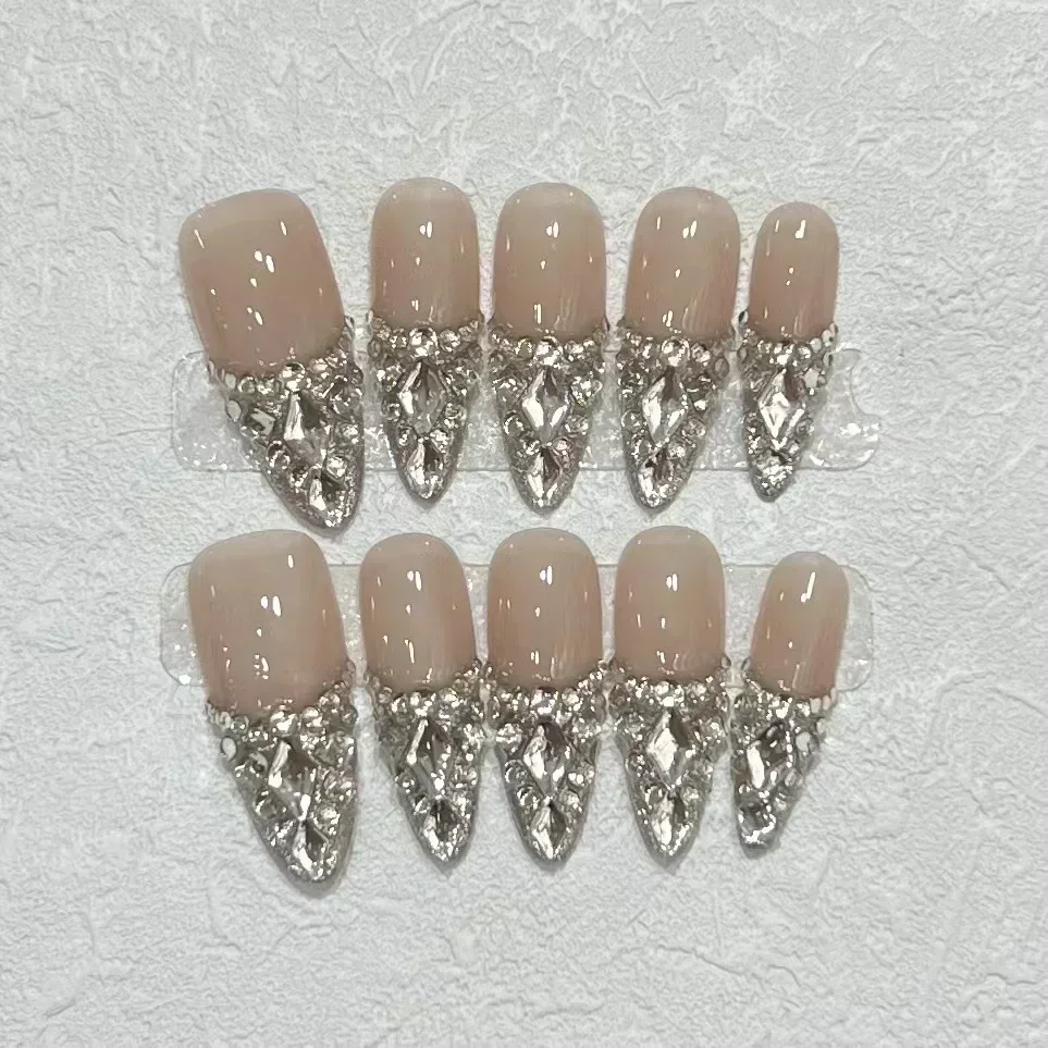 10Pcs French Handmade Almond Press On Nails Ballerina Simple with Rhinestones Wearable False Nails Decoration Fake Nail Tips Art