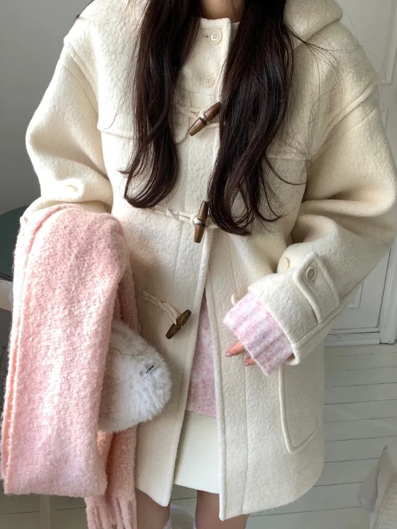 

Корейское милое пальто, женское зимнее пальто Love Song Aosphere, молодежное милое шерстяное пальто с капюшоном на пуговицах, модная женская одежда