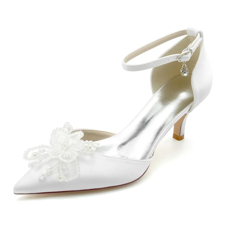 

Satin Flowers Mid Heel Wedding Shoes for Bride Women Pointed Toe Ankle Buckle Strap Pumps for Bridal /Cocktail/Prom/Evening