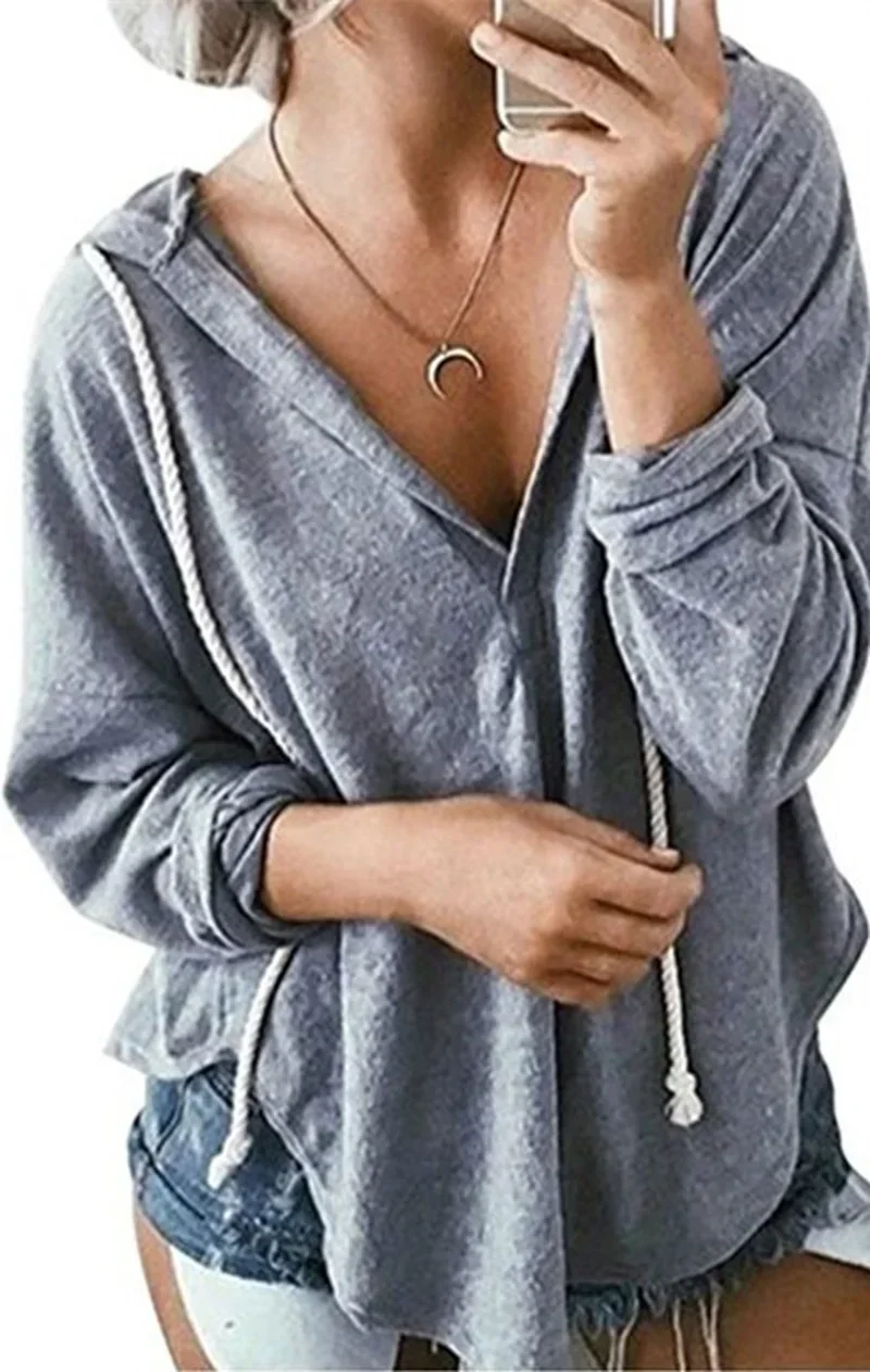 Spring Solid Color Drawstring Hoodies Tops Women Casual V-neck Hooded Sweatshirts Oversized Ladies Loose Pullover T-shirts