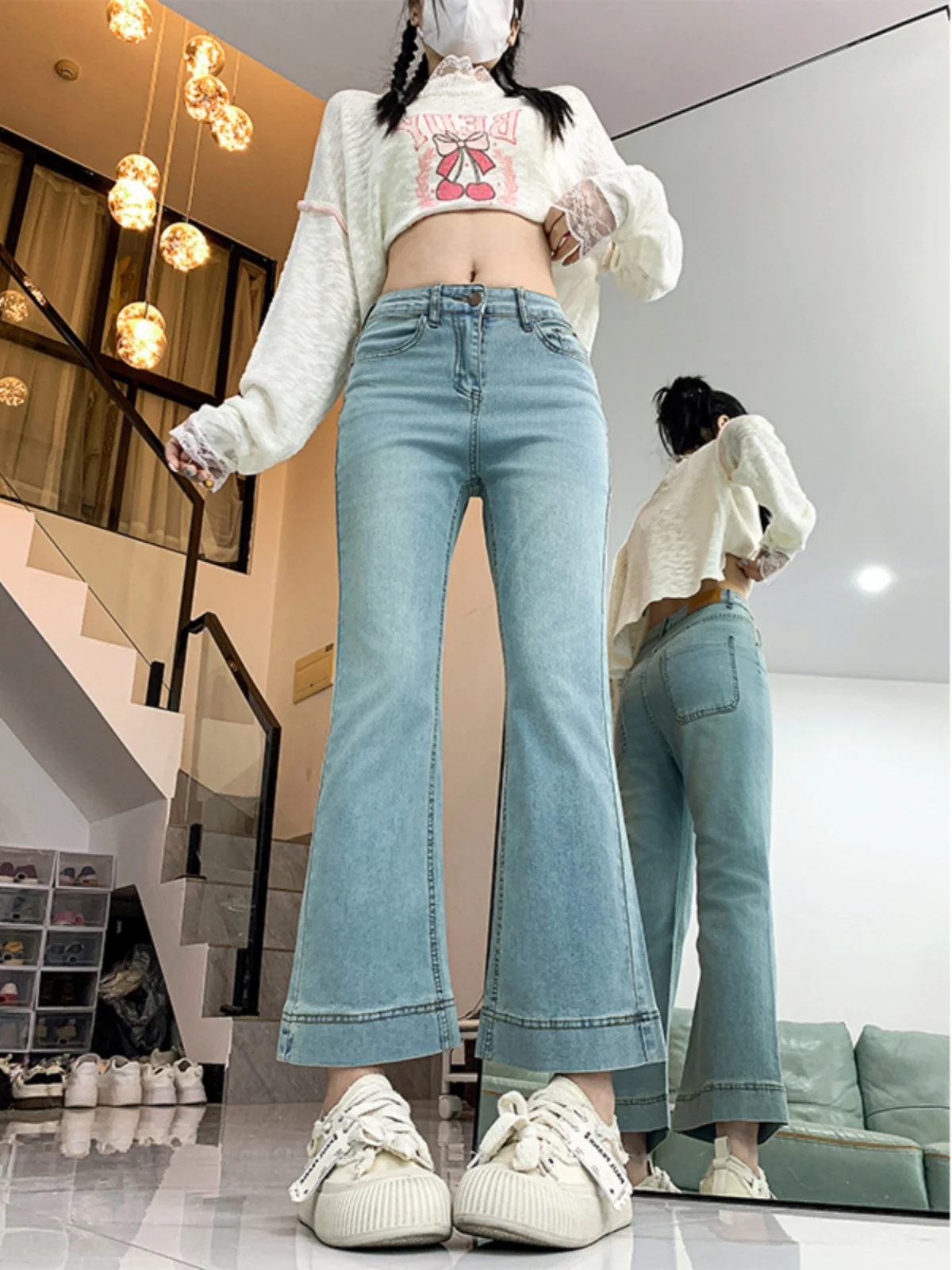 Jeans in denim a vita alta con campana Bot Pantaloni larghi a gamba dritta slim a nove punte elasticizzati da donna Autunno New Sle plus Size