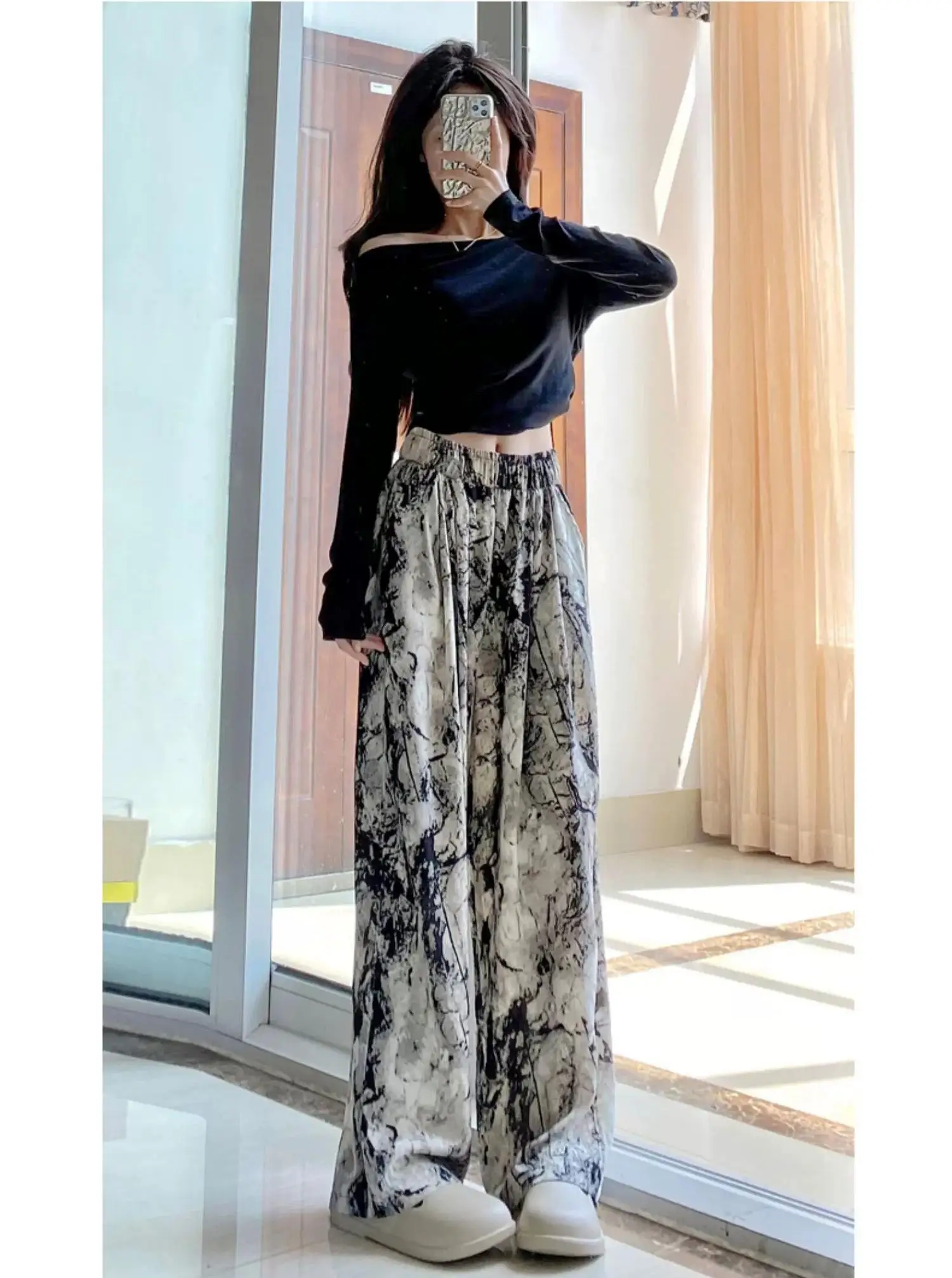 Ice Silk Chinese Style Shui Ink Printed Retro Wide Leg Pants For Women\'s Summer New Loose High Waist Draping Straight Tube Cool