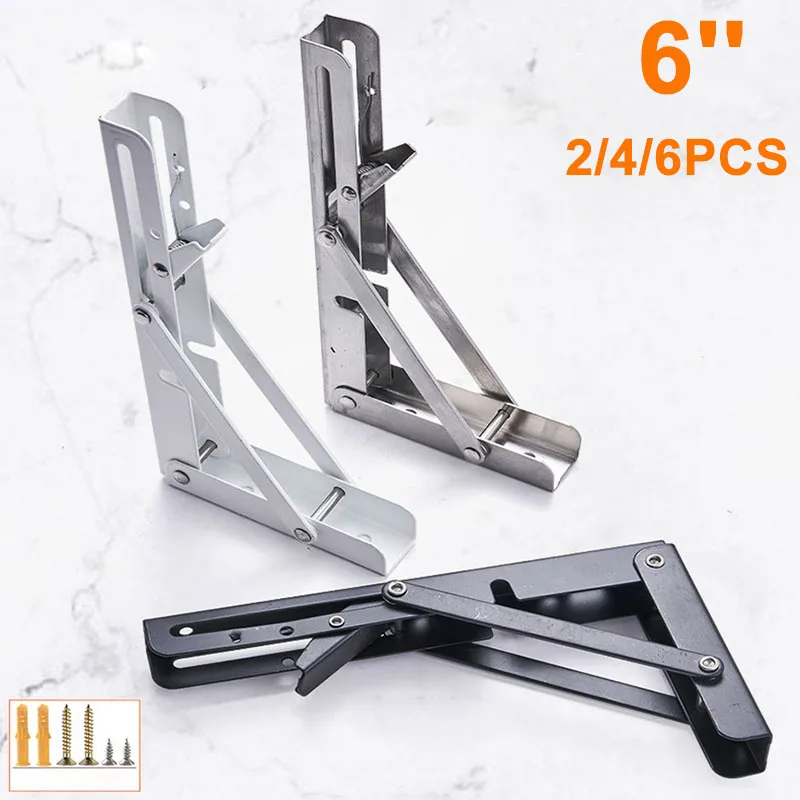 

2/4/6pcs 6inch Folding Shelf Brackets with screws Adjustable Collapsible Wall Shelves Triangle Brackets for Table Work Bench