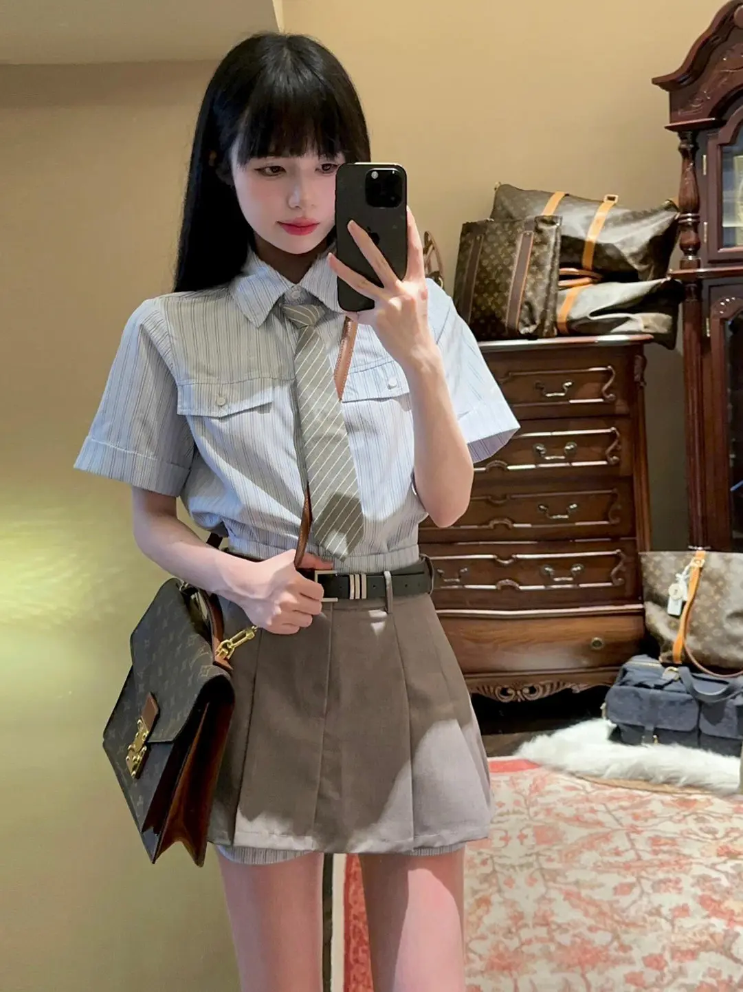Summer Tea SeriesOOTD Matching Sweet Milk Shirt 2026 Fashion Set High Waist Short Skirt Slimming Effect Casual Striped Set