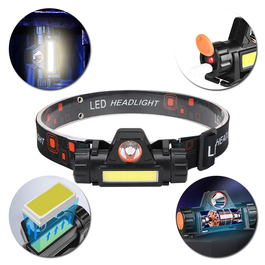 1-5PCS LED+COB Rechargeable Headlamp, 90° Adjustable Headlight 3 Modes Waterproof Head Torch for Outdoor Hunting Camping