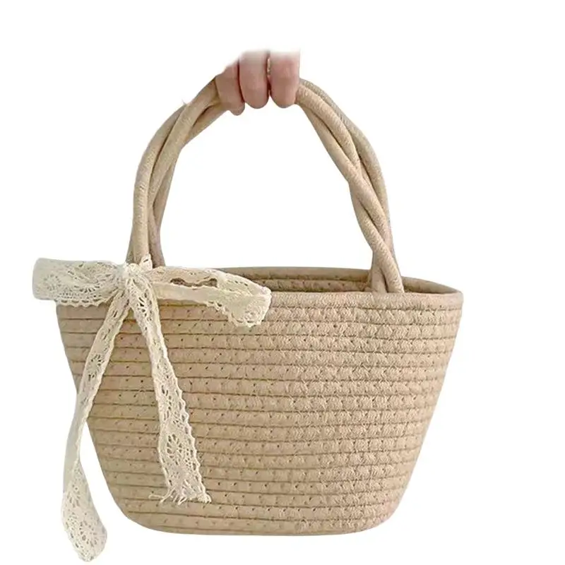

Woven Cotton Rope Tote Bag With Delicate Lace Bow Decor Sturdy Handles For Summer Beach Daily Shopping Casual Outings