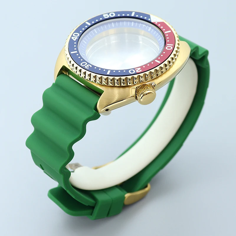 Funda de reloj 009 dorada, correa de goma verde, zafiro, compatible con atún, Tortuga, Seiko, NH35, NH36/38, movimiento, anillo de sección azul, esfera de 28,5mm