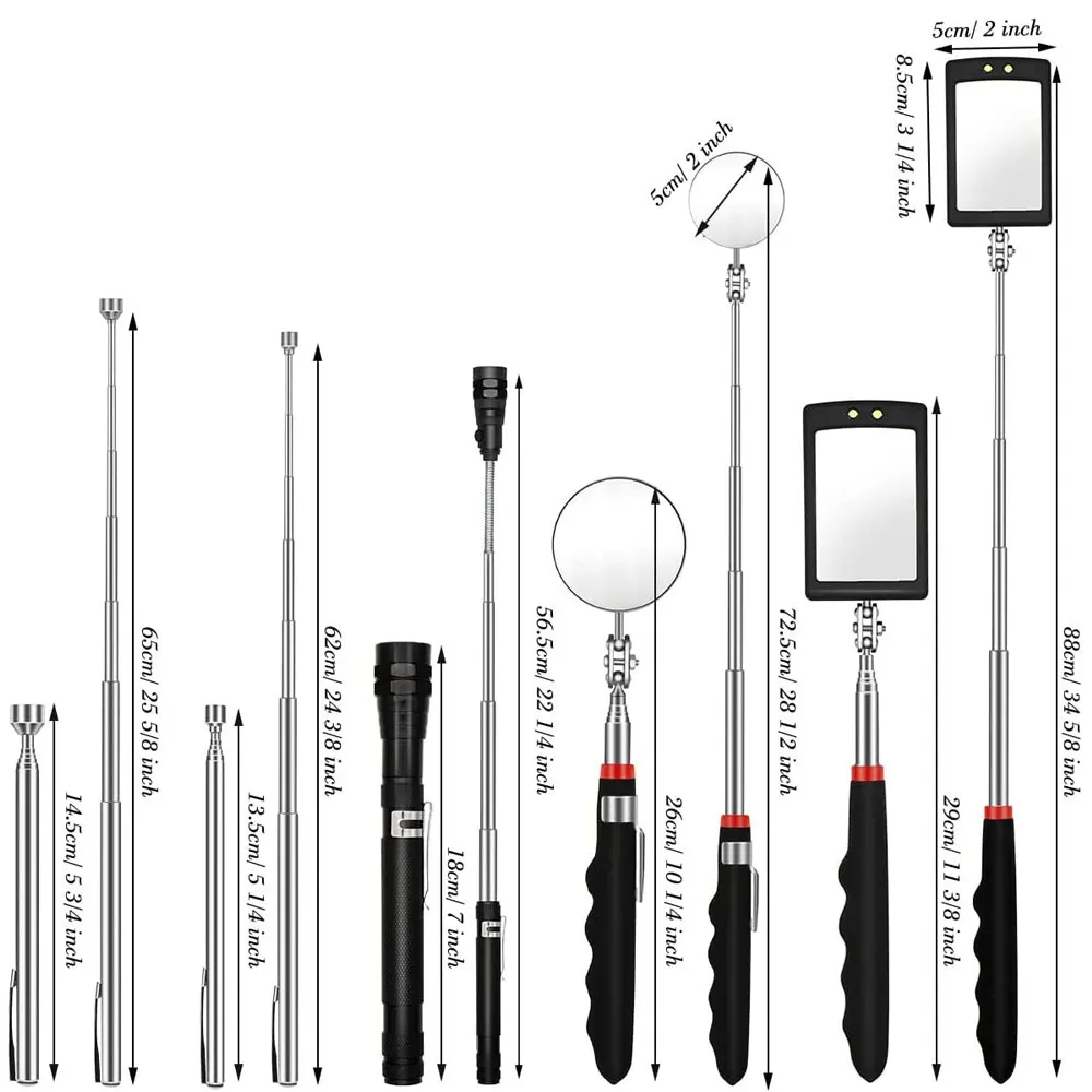 Magnetic pickup tool kit, telescopic metal tools, suitable for home décor, construction, and automotive repair.