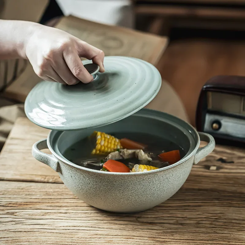 

Retro Style Ceramic Binaural with Lid Practical Large Soup Tableware, Large Household Tableware Kitchen Large Vegetable Bowl
