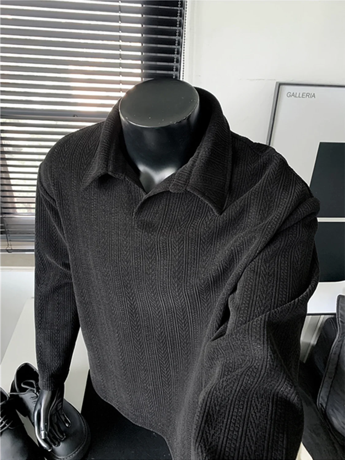 Cleanfit Dark Grey Wheat Pattern  Shirt Men's Long Sleeve American Style T-Shirt High Collar Sweatshirt Autumn Wear