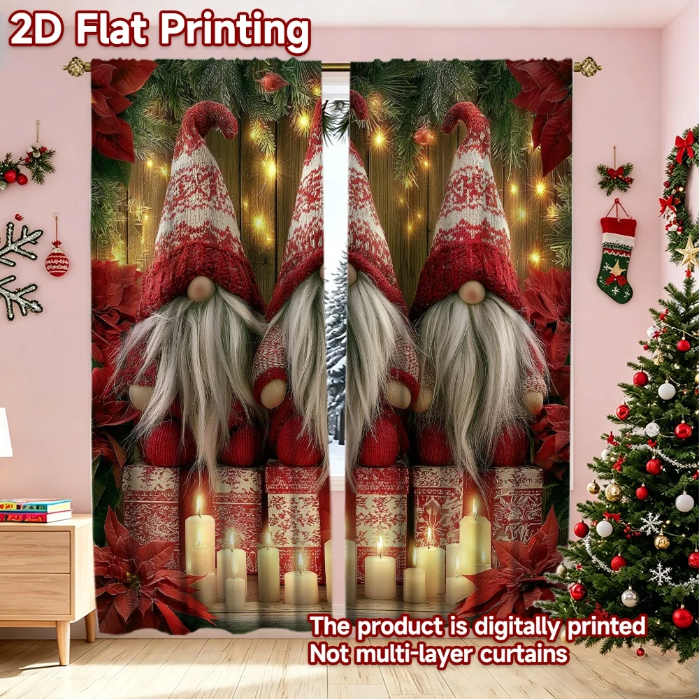 2D flat printing 2pcs Fashionable Christmas Curtains Christmas Gnomes and Poinsettias Digitally printed polyester, colorfast